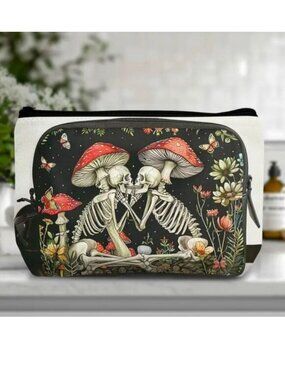 Cosmetic Bag Mushrooms Soulmates Skeletons Makeup Pouch Travel Storage Love NEW